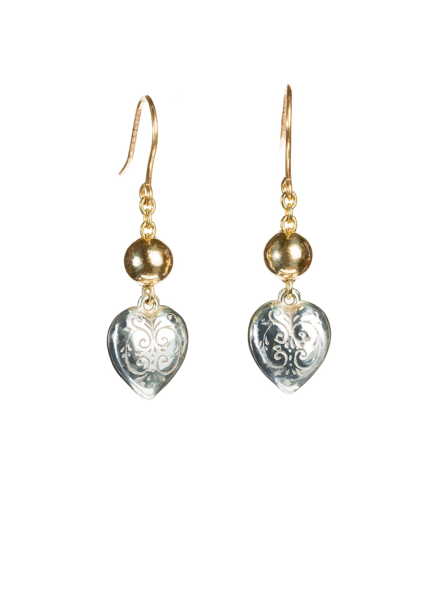 9ct Gold Small Ball and Silver Engraved Heart Earrings