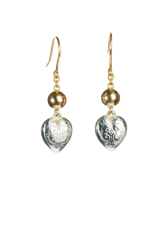 9ct Gold Small Ball and Silver Engraved Heart Earrings