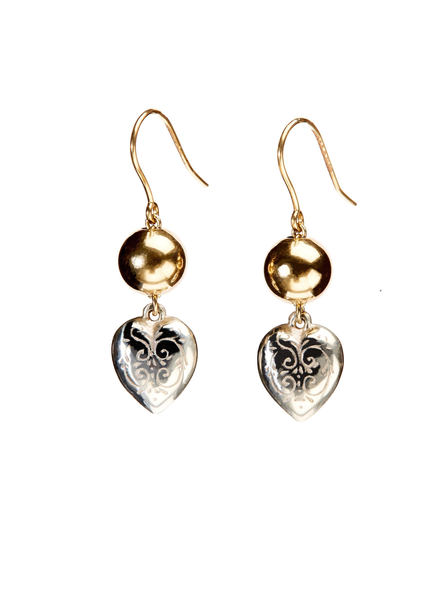 9ct Gold Large Ball and Silver Engraved Heart Earrings