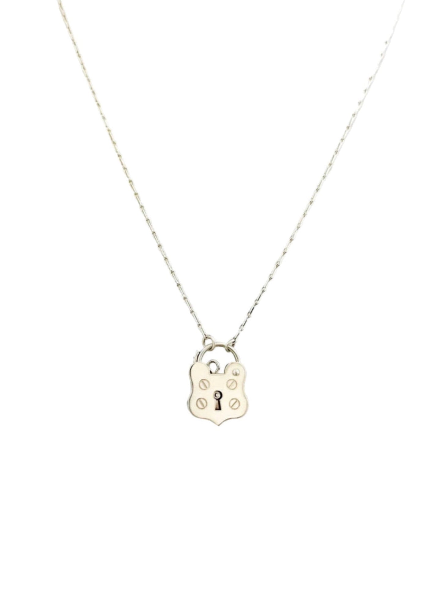 A silver chain with a shield shaped padlock