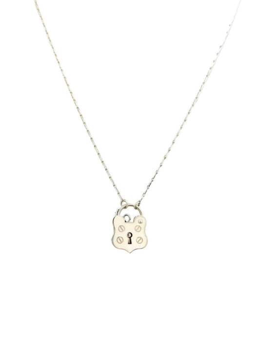 A silver chain with a shield shaped padlock